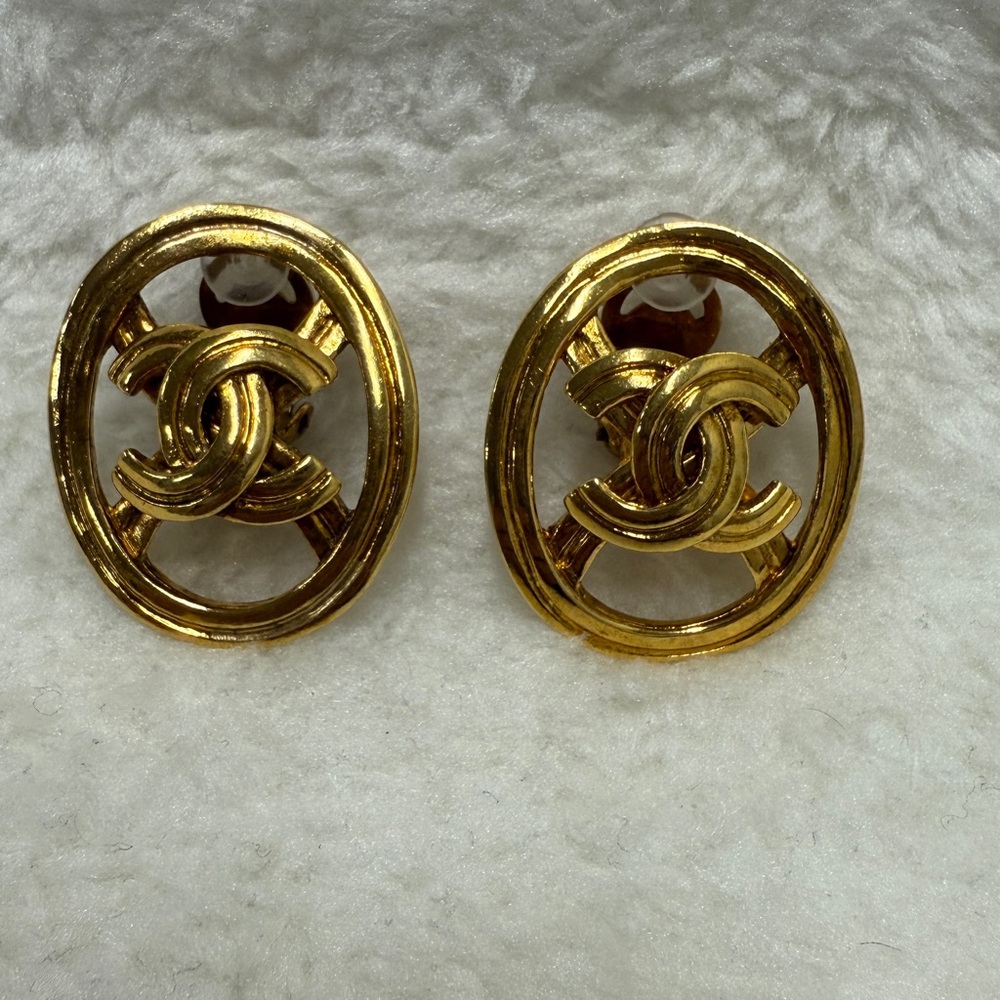 Chanel 24k Gold Plated Interlocking CC Earrings
